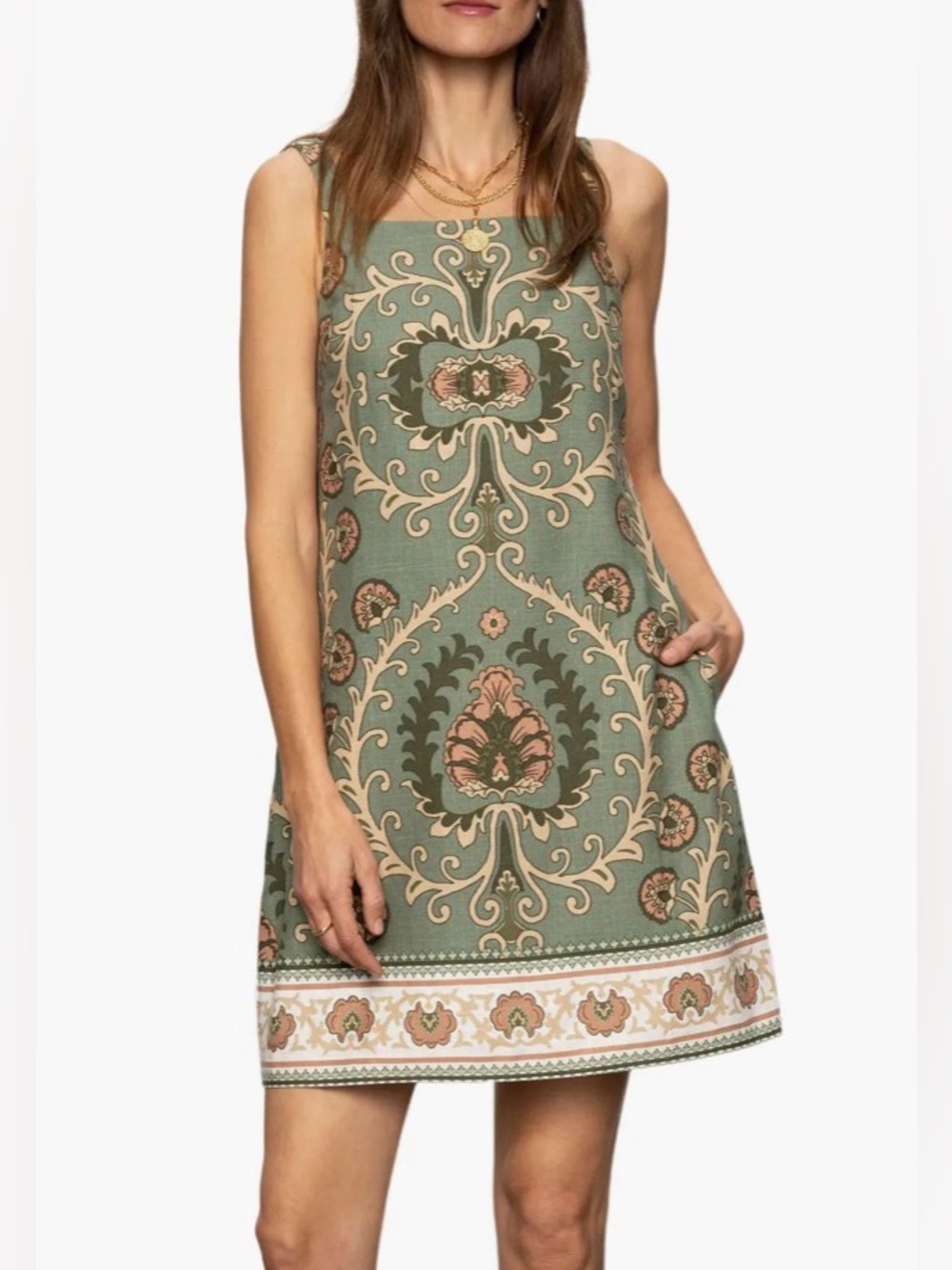 Sanctuary April Printed Shift Dress Size S Adjustable Mezzo Sage Tapestry Linen